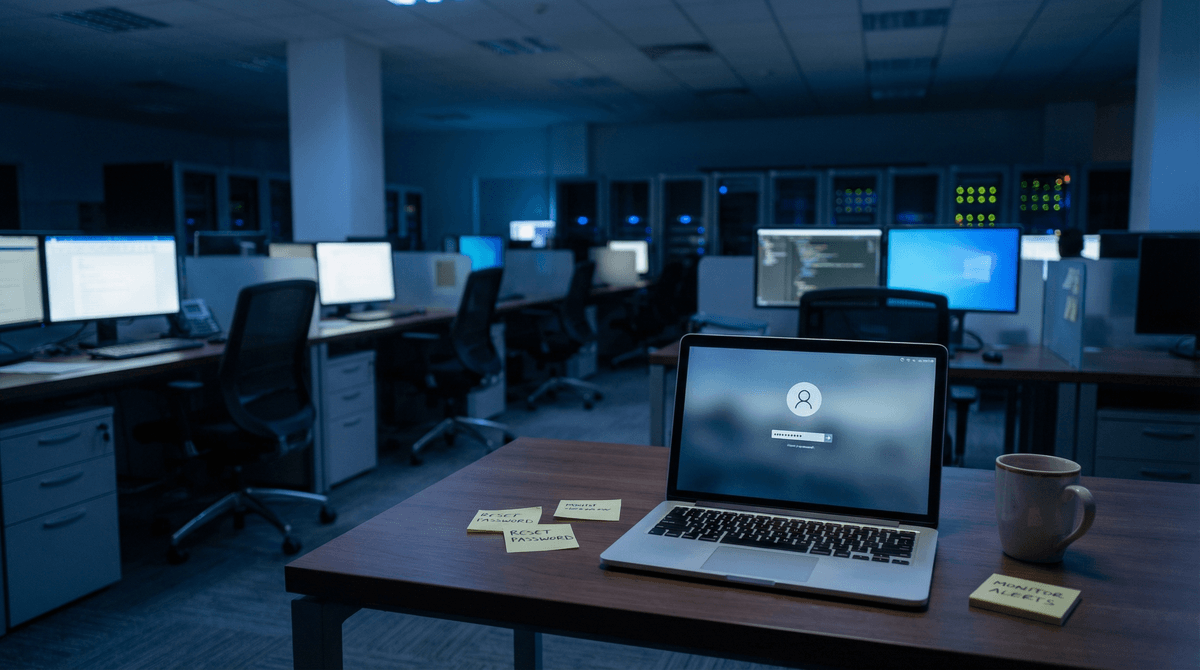 Åbent kontor i blåt lys med laptop der viser login-skærm – illustrerer IT-sikkerhed i hverdagen