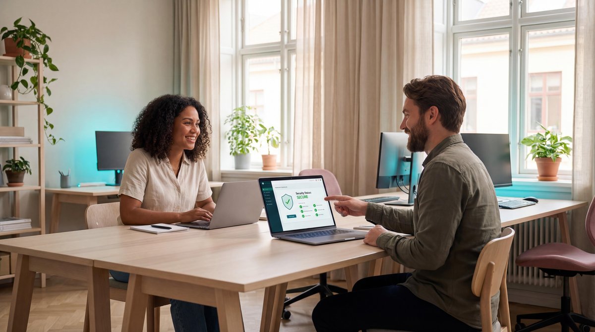 To kolleger gennemgår IT-sikkerhed på laptop i lyst kontor