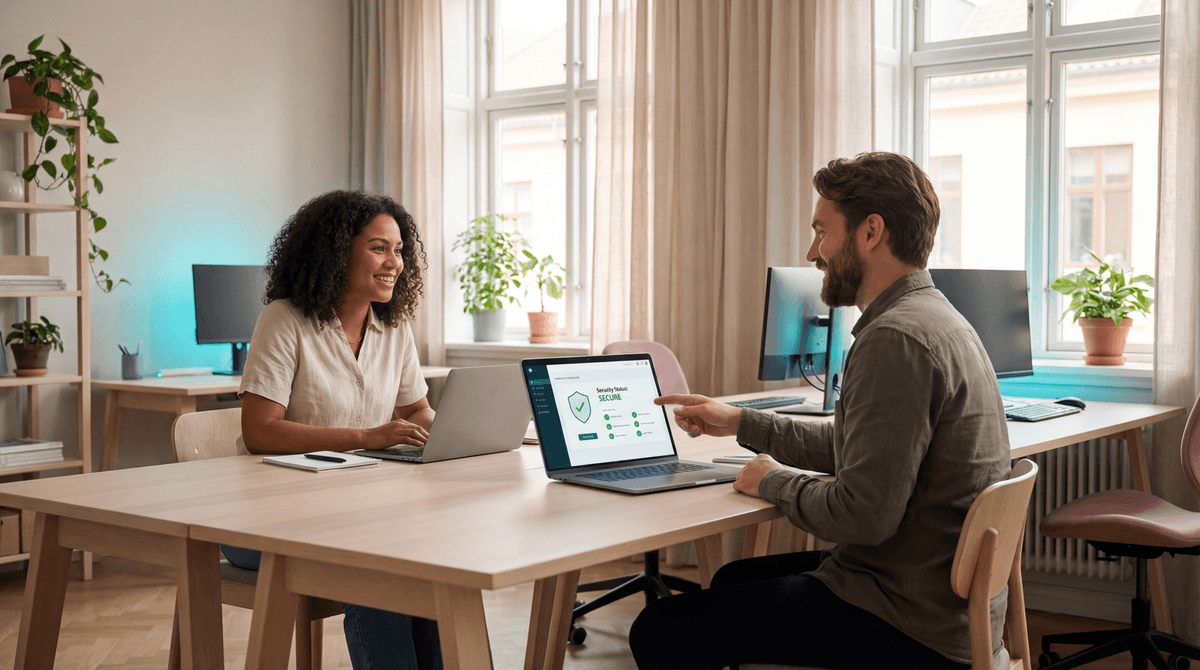 To kolleger gennemgår IT-sikkerhed på laptop i lyst kontor