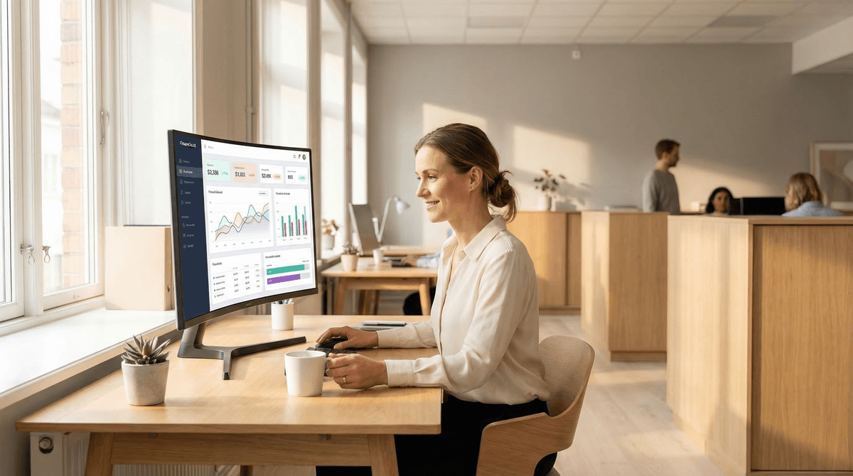 Økonomimedarbejder arbejder med finansielt dashboard på skærm i lyst Skandinavisk kontor