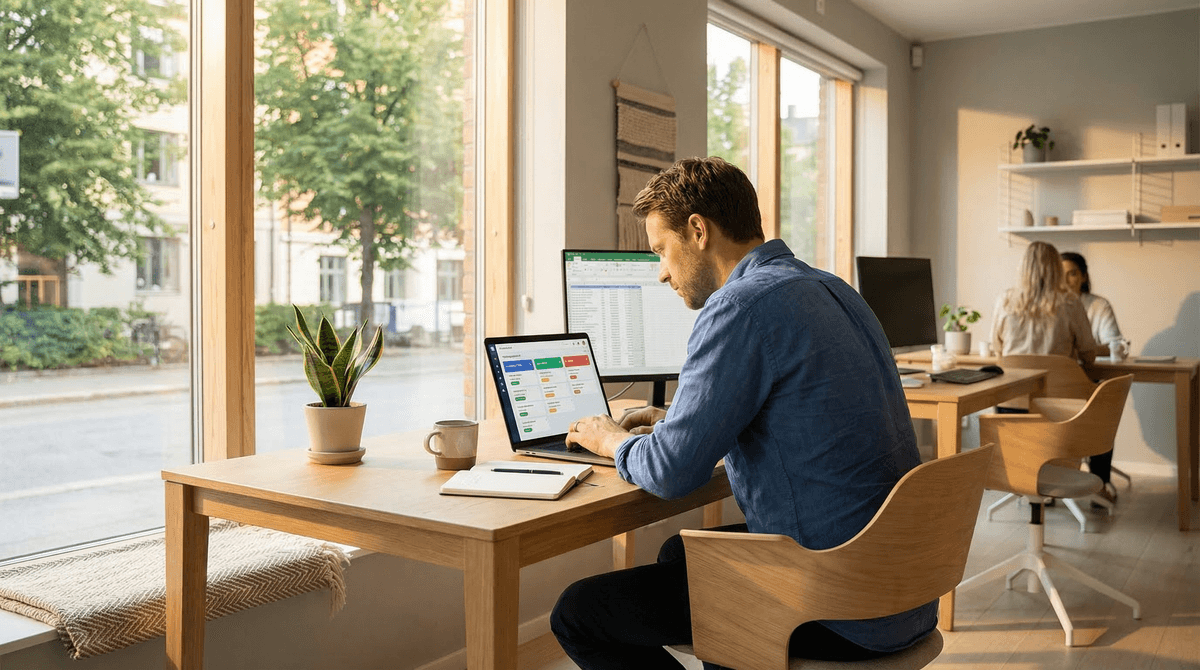 Sælger arbejder med CRM-pipeline på laptop i lyst Skandinavisk kontor