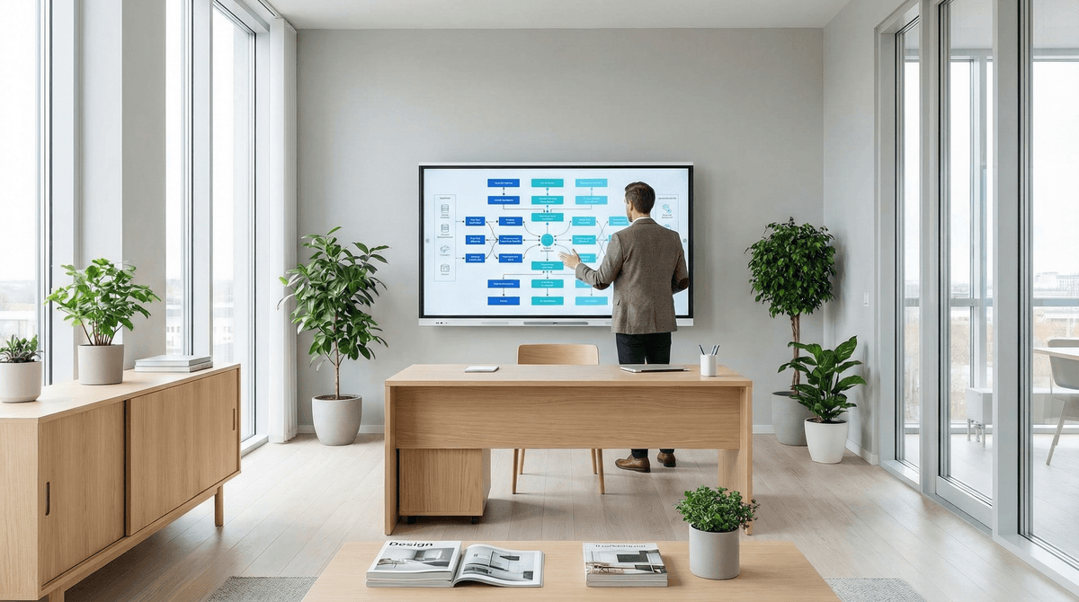 Professionel arbejder med dataarkitektur-diagram på stor skærm i lyst Skandinavisk kontor