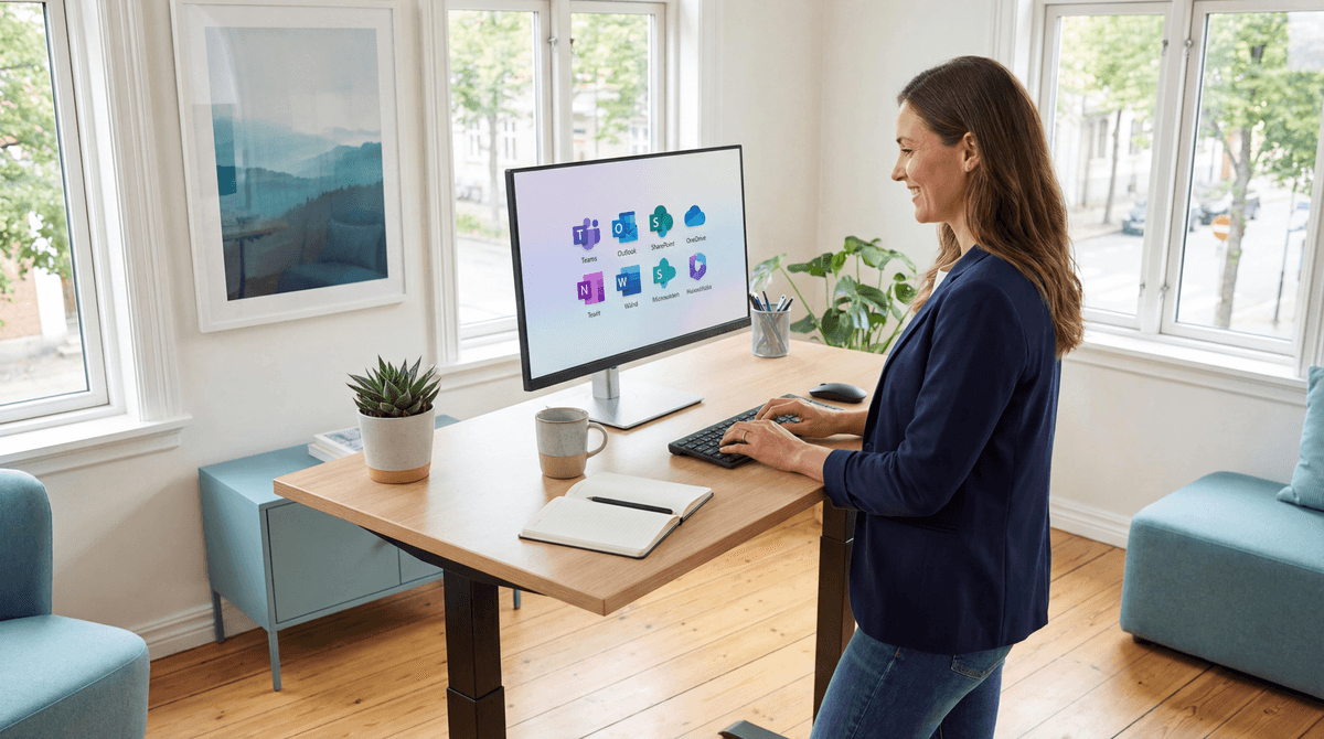 Medarbejder arbejder produktivt med Microsoft 365 ved stående skrivebord