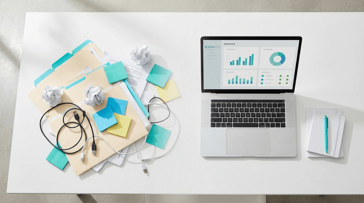 Skrivebord set fra oven med rod og papirer på den ene side og en organiseret laptop-skærm med overblik på den anden side